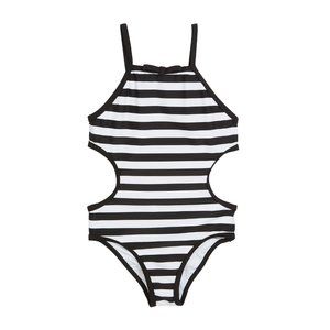 KATE SPADE New York Girls Striped Side Cutout 1 PC Swimsuit Black White sz 12